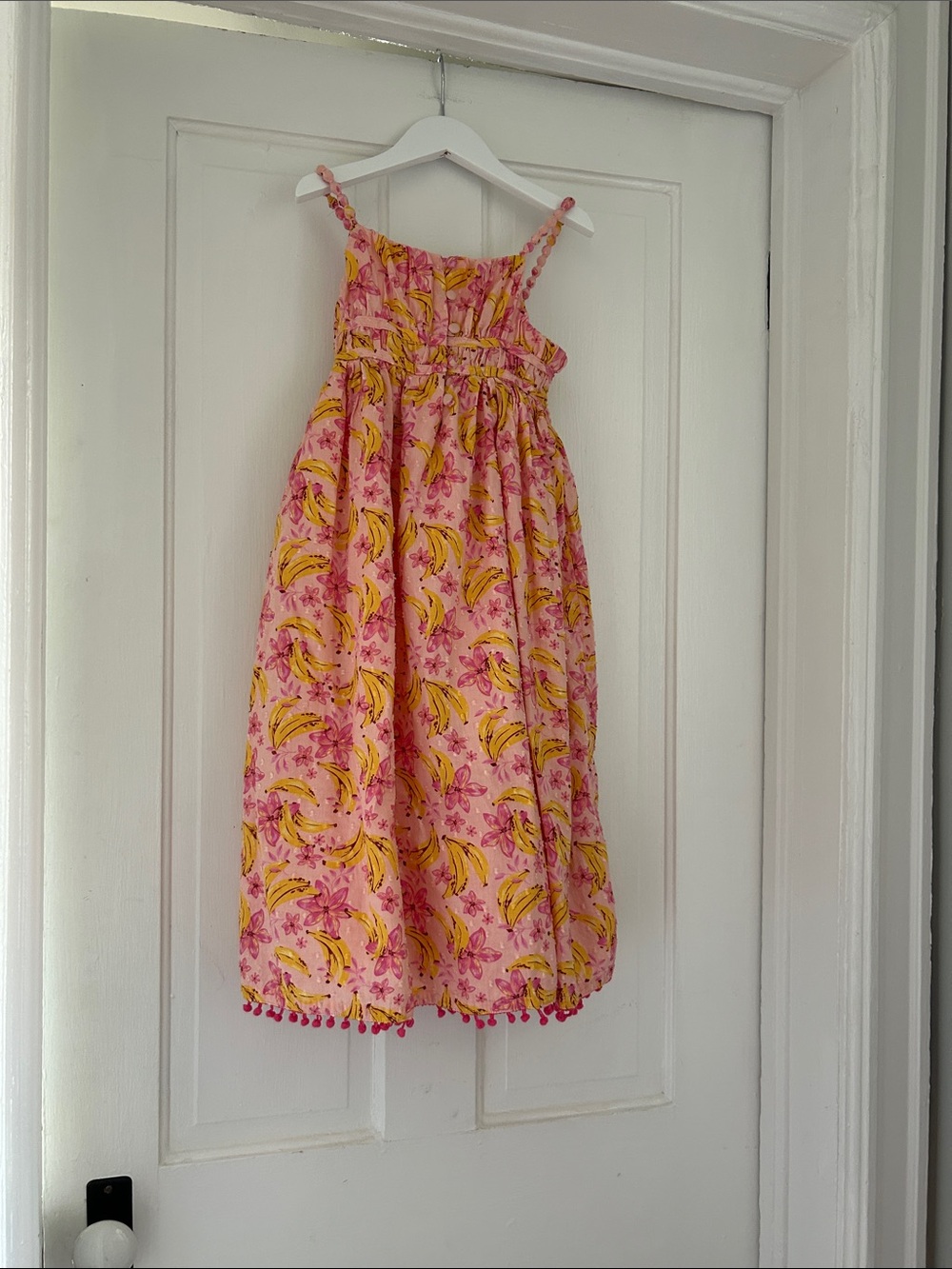 Kids Pink and Yellow Banana-Print Sundress with Pom-Pom Hem